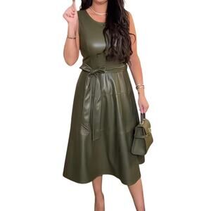 CHARTOU PU Faux Leather Sleeveless Dress with Belt in Olive Size XXL New w/ Tag